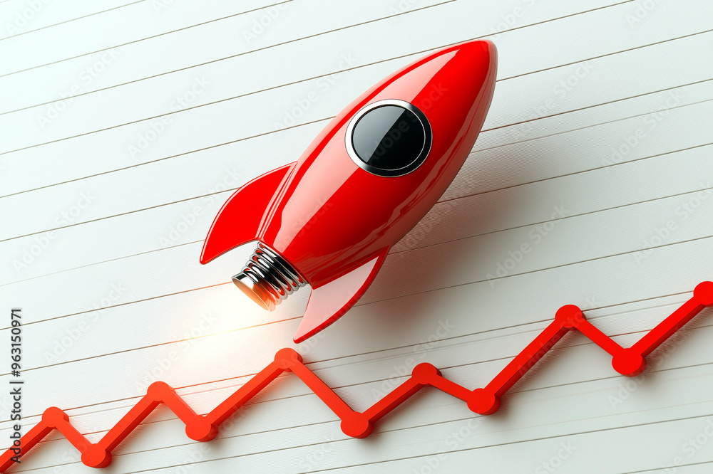 Aufkleber Red rocket soaring next to an upward trend graph on a lined background, symbolizing growth and progress. Ai generative.