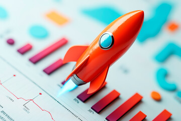 Orange rocket launching from a business chart background, symbolizing startup success and technological growth.