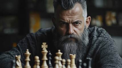 Portrait of a senior gray-haired bearded man in a gray sweater playing chess at home in the living room. Close-up with a serious, thoughtful look, showing wisdom and deep concentration.