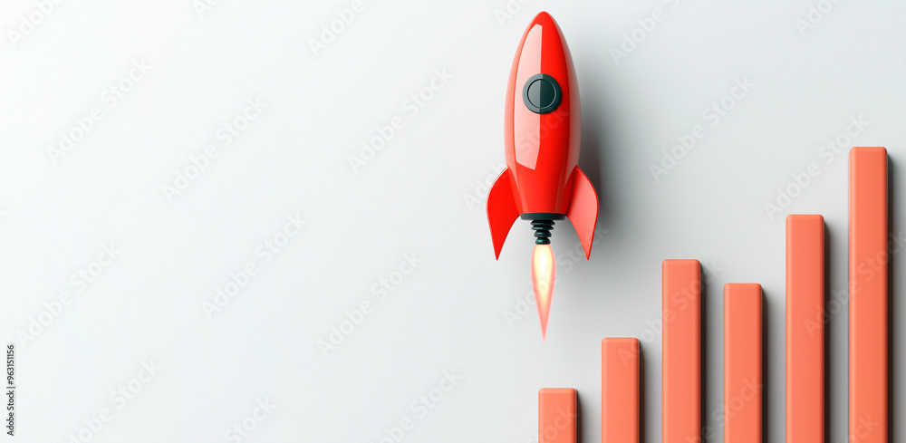 Aufkleber red rocket launching beside an upward bar graph on a white background. concept of business growth an