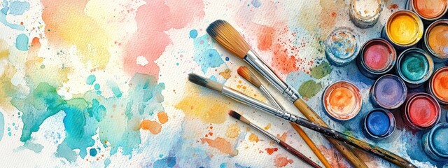 Fototapeta premium Exploring the Vibrant World of Watercolor Painting with Brushes and Colorful Palettes
