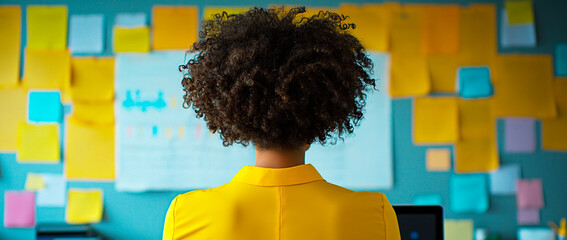 Woman in yellow shirt looking at a wall covered with colorful sticky notes in an office.