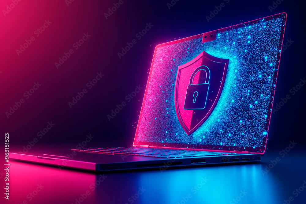 Poster digital laptop with a cyber security lock icon on a bright background.
