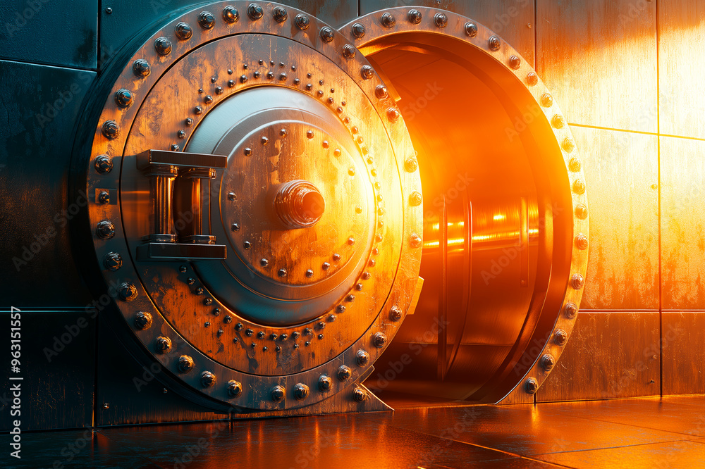 Poster opened bank vault door with bright golden light illuminating from inside, metallic background. conce