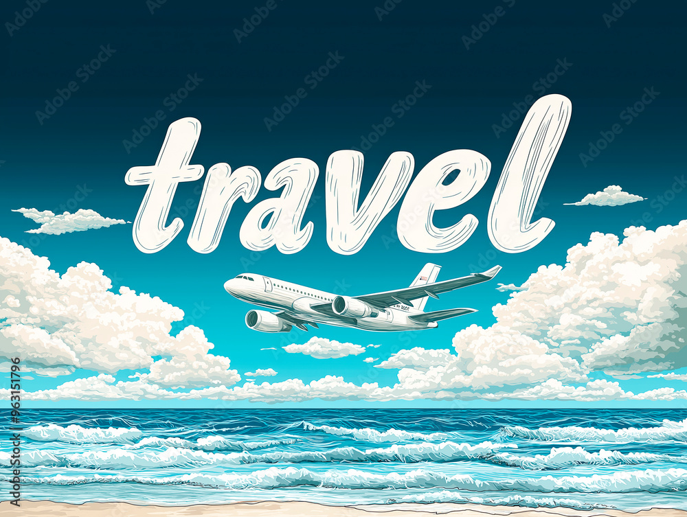 Poster airplane flying over the ocean with large text travel against a cloudy sky background.