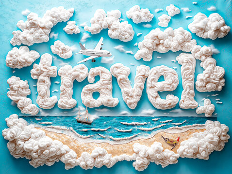Creative travel concept with cloud letters, airplane, and beach on blue background. - Powered by Adobe