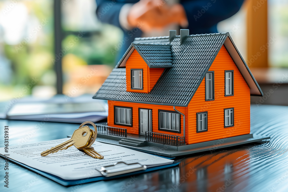 Poster real estate investment concept with model house and keys on a contract document on a desk.