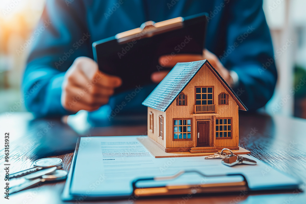 Poster real estate agent with clipboard and house model on desk with keys and document.