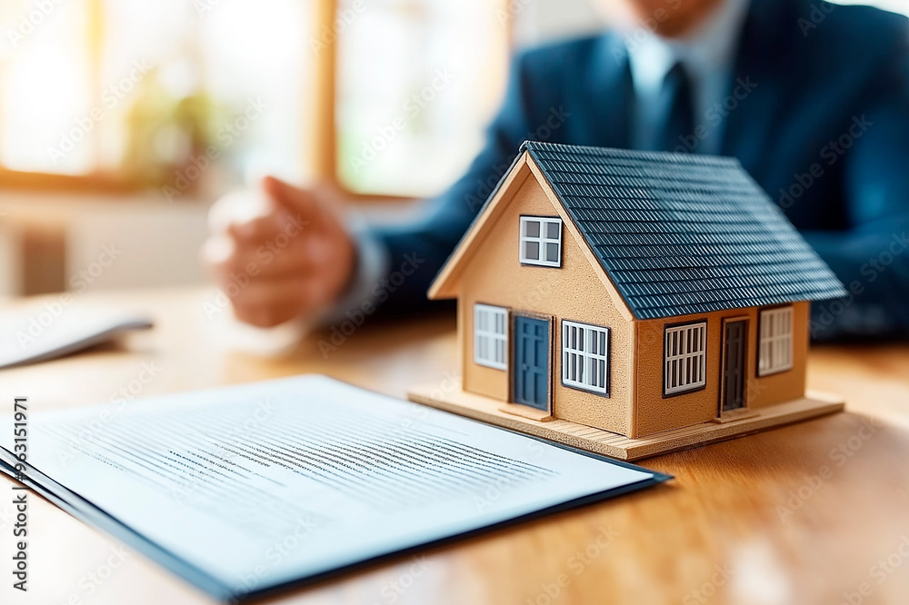 Poster miniature house on desk with contract documents in front of a person in a suit, in a well-lit office