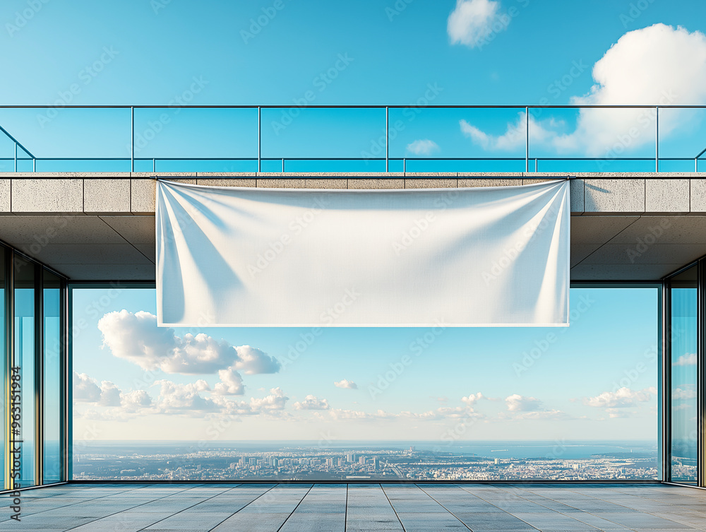 Poster Large white canvas hanging on a modern building with a cityscape in the background and blue sky with clouds.