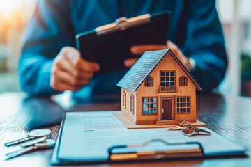 Fototapeta premium Real estate agent with clipboard and house model on desk with keys and document.