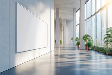 Blank white poster on a modern office wall with large windows and green plants in sunlight.