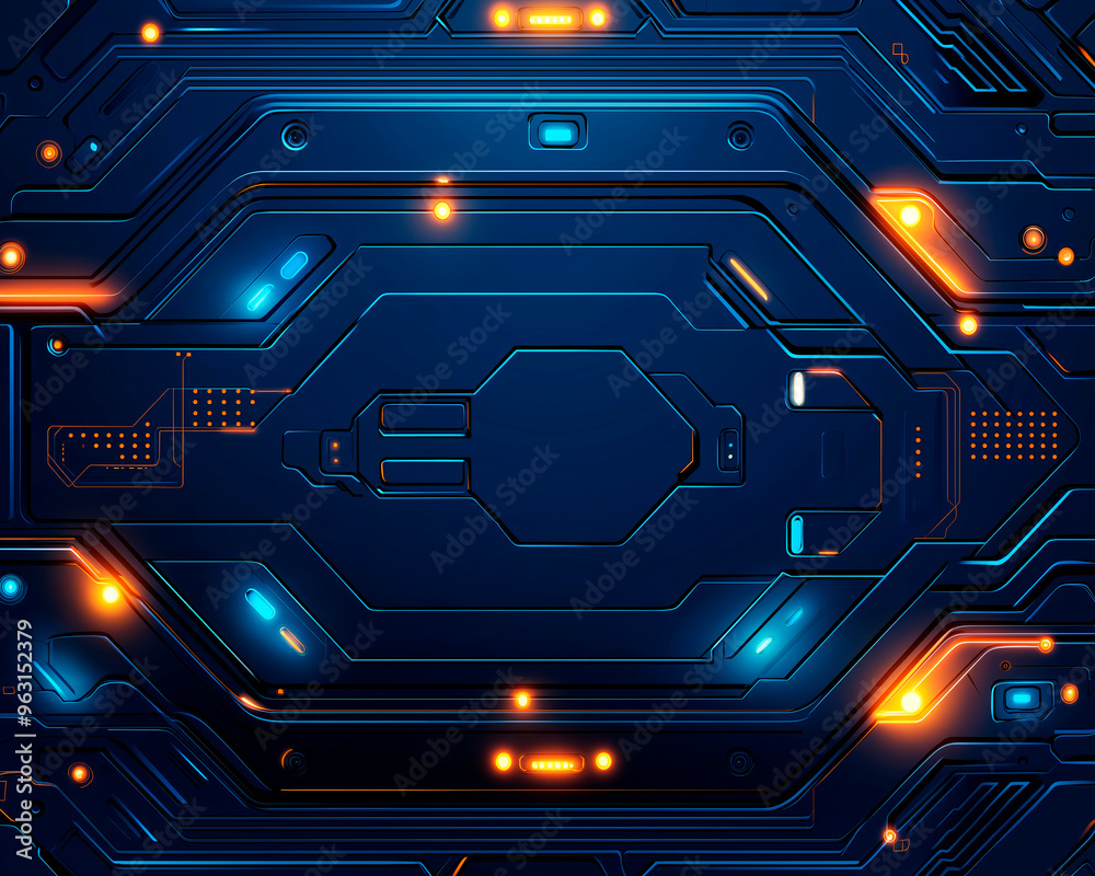 Poster futuristic circuit board design with neon lights on dark background.