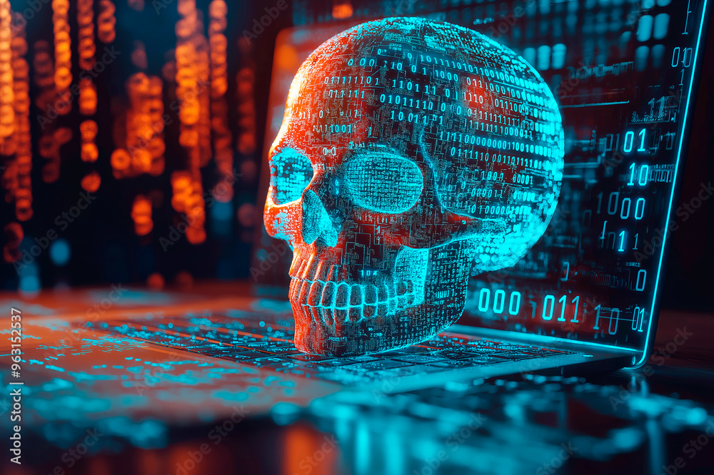 Poster Digital skull with binary code on a laptop, representing hacking and malware, in neon colors on a dark background.