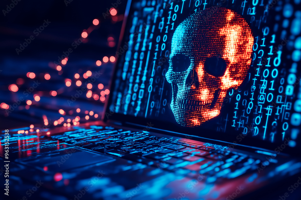 Poster Skull symbol composed of binary code on a laptop screen with neon lights in the background.