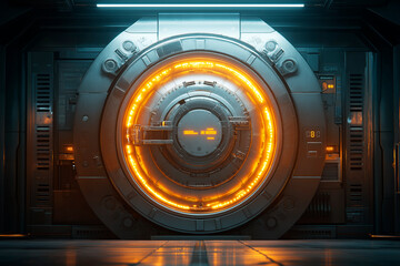 Futuristic metal vault door with orange neon lights in a sci-fi setting.