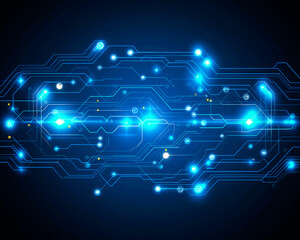 Futuristic digital circuit board with blue neon lights on dark background.