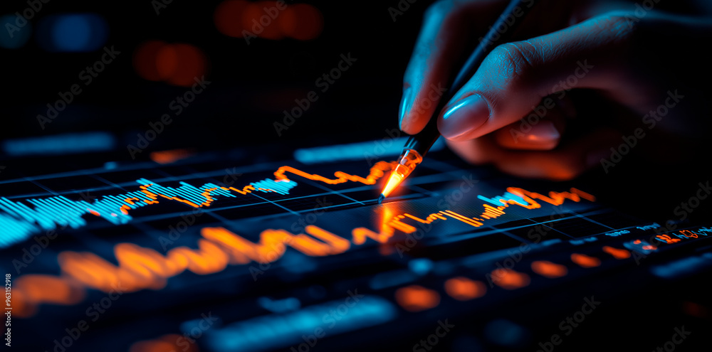 Poster hand holding a stylus analyzing stock market data on a digital screen with blue and orange graphs.