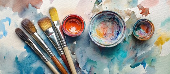 Fototapeta premium Explore the Vibrant World of Watercolor Painting: Essential Brushes and Palette for Creative Expression