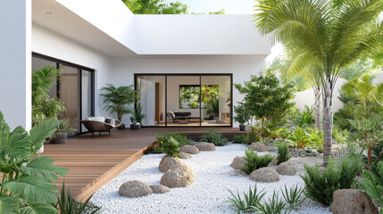 Fototapeta premium A modern minimalist courtyard design with lush greenery and white gravel