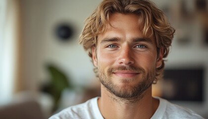 Obraz premium portrait of scandinavian softly smiling man is 35 years old with blond hair in white T-shirt, copy space