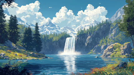 Fototapeta premium A stunning waterfall cascades into a serene lake surrounded by majestic mountains and lush greenery under a clear blue sky