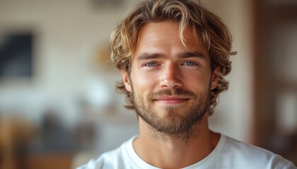 Naklejka premium portrait of caucasian friendly smiling man is 35 years old with blond hair in white T-shirt, copy space, closeup, male beauty