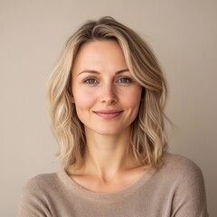 portrait of scandinavian smiling woman is 35 years old with blond hair on beige color background, closeup