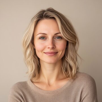 portrait of scandinavian smiling woman is 35 years old with blond hair on beige color background, closeup