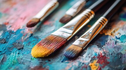 Obraz premium Exploring Creative Expression: Vibrant Paint Brushes on a Colorful Palette