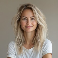 Fototapeta premium closeup portrait of scandinavian smiling woman is 35 years old with blond hair wearing in white T-shirt on beige color background, natural beauty