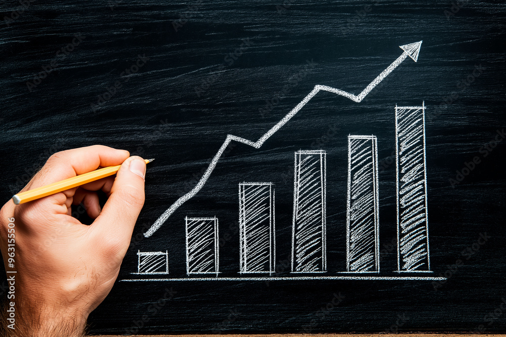 Poster hand drawing a rising bar graph with chalk on a blackboard background.