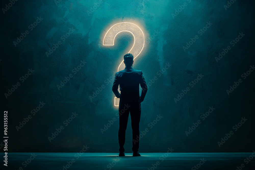 Poster Man standing in front of a glowing question mark on a dark background in a contemplative pose.