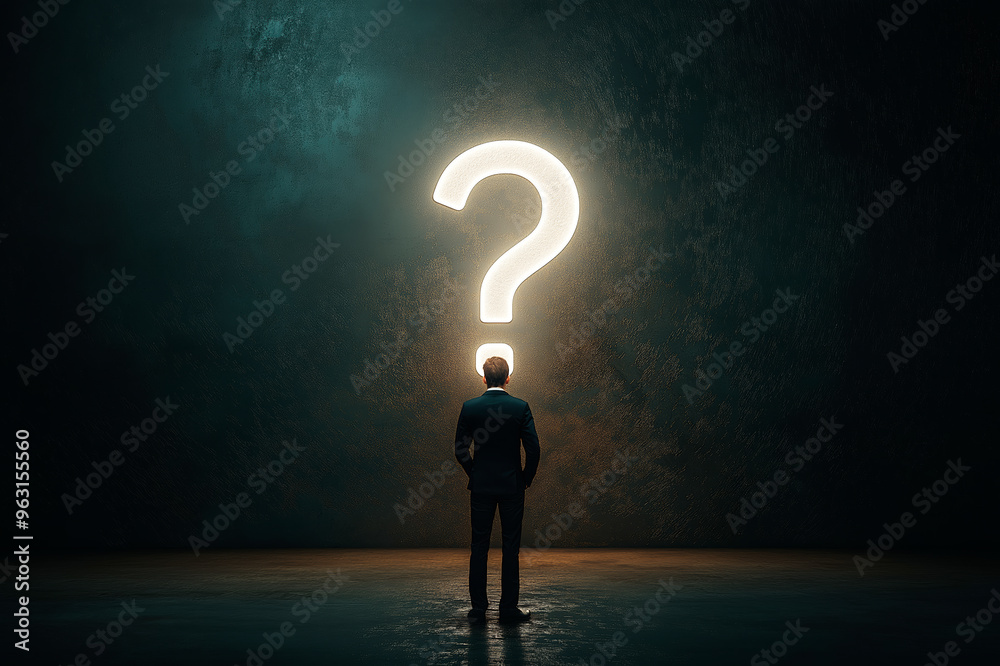 Aufkleber Man standing in front of a large illuminated question mark on a dark background.