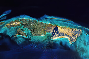 Technical aerial visual, 3D LiDAR GIS aerial map satellite scan model isolated, showing Nassau, Bahamas . Elevation, topography, render