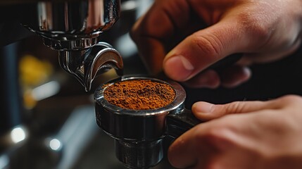 A close-up of a barista's hands tamping freshly ground coffee into a portafilter, focusing on the precision of the process.