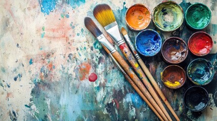 Fototapeta premium Exploring the Artistic Journey: Essential Paint Brushes and Vibrant Color Palette