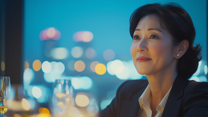 秋の夜にビジネスイベントに参加する成熟したビジネスウーマン