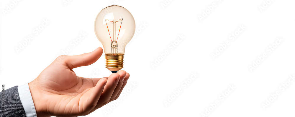 Poster close-up of a hand holding a light bulb on a white background, representing the concept of an idea.