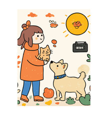 Cute Cartoon girl with pets Illustration handdrawn doodle drawing nature elements colourful