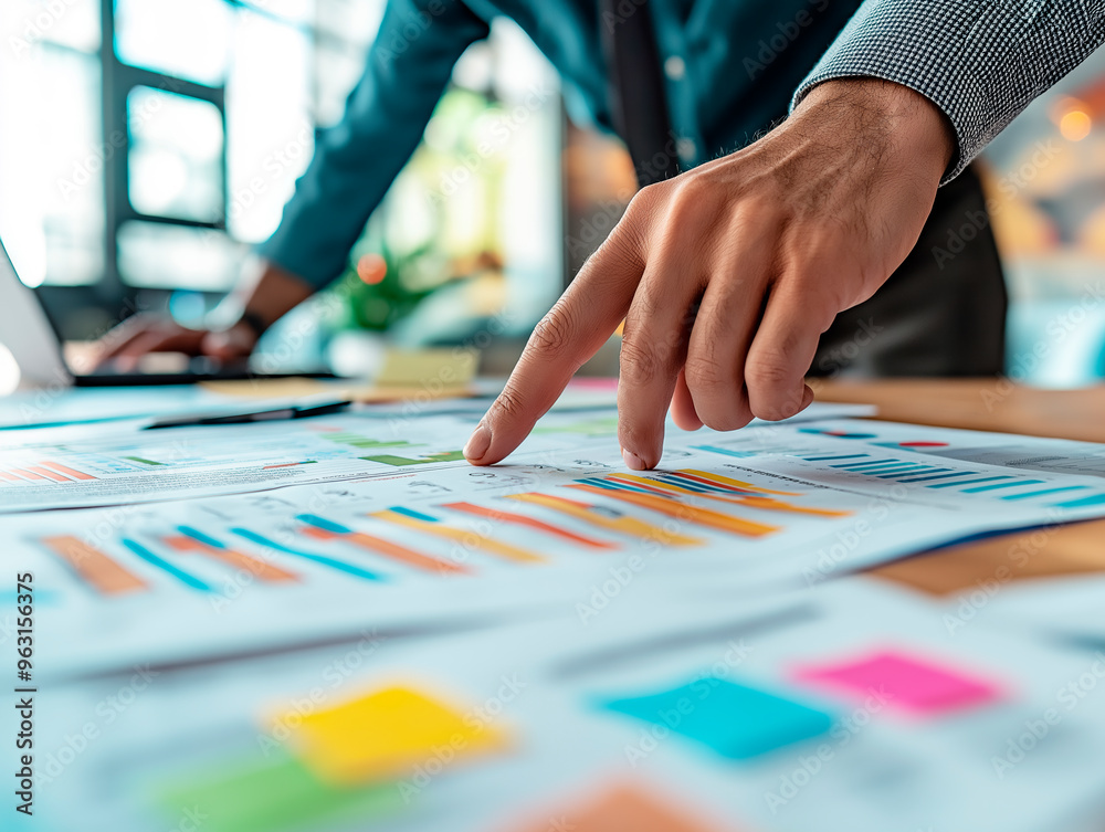 Poster close-up of a person's hand pointing to a colorful business chart on a table.