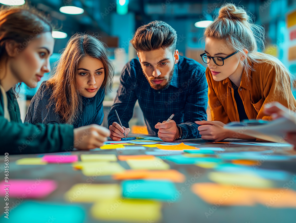 Poster Team brainstorming session with sticky notes in a modern office background.