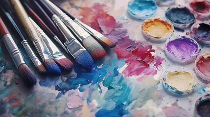 Fototapeta premium Exploring Artistic Tools: A Vibrant Array of Brushes and Paints for Creative Expression