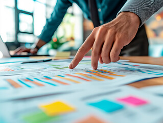 Obraz premium Close-up of a person's hand pointing to a colorful business chart on a table.