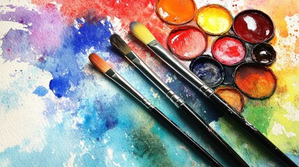 Obraz premium Exploring the Vibrant World of Watercolor: Brushes and Paints Ready for Artistic Creation
