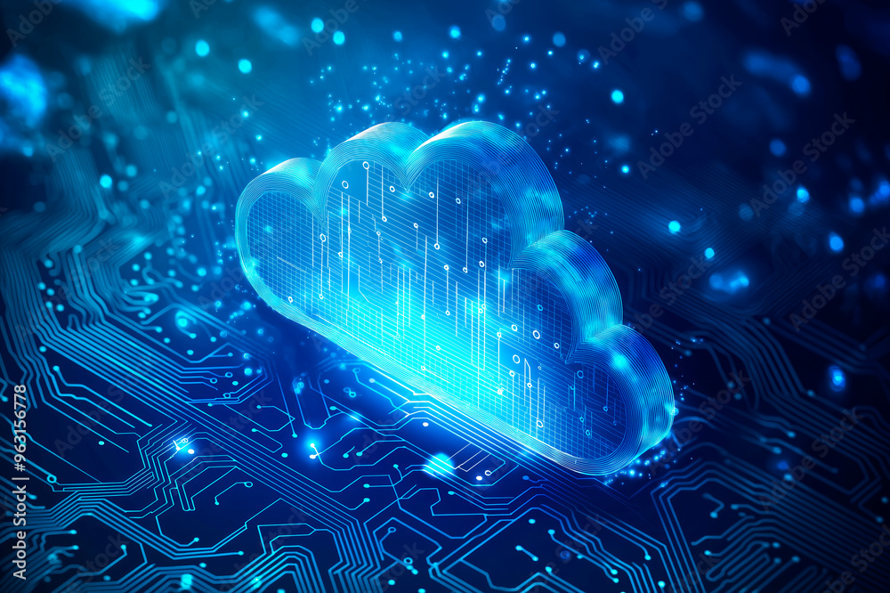 Poster bright digital cloud icon on a blue circuit board background, representing online data storage and t