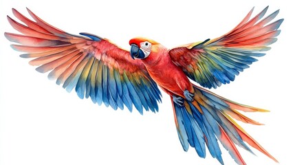 Obraz premium A watercolor painting of a scarlet macaw in flight with its wings spread. The bird is depicted with a bright red body, blue and green wings, and a yellow beak.
