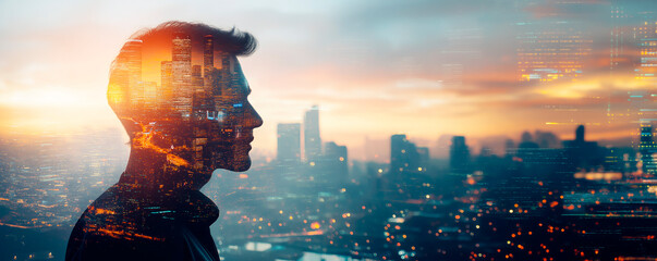 Silhouette of a man overlaid with a cityscape at sunset, reflecting urban life and future concepts.