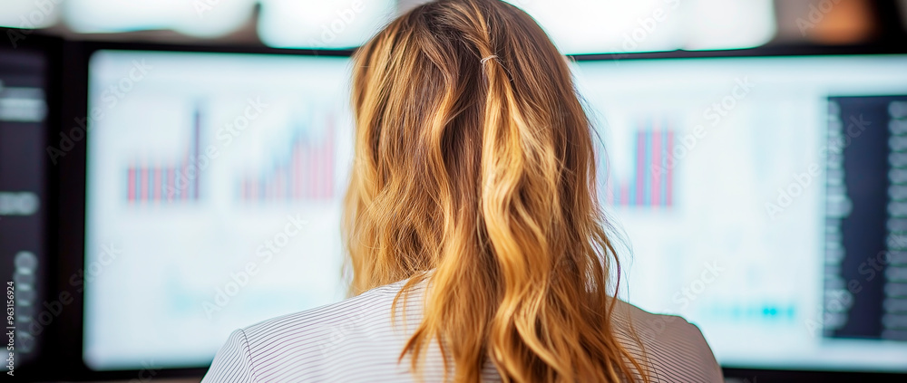 Poster Woman analyzing data on multiple computer screens in an office environment.