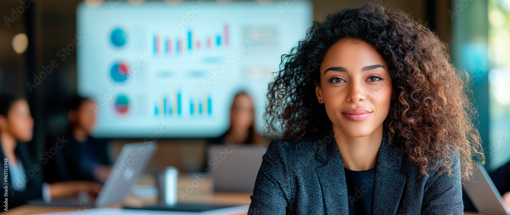 Poster confident businesswoman in a professional setting with colleagues and data charts in the background.